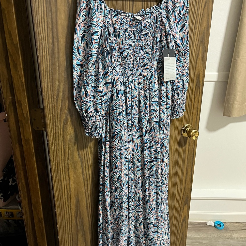 Blue Maxi Sundress with Off the Shoulder Neckline and Long Bishop Sleeves